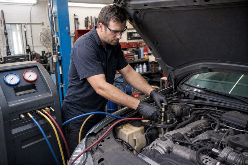Technician servicing a vehicle A/C system with a recovery machine
