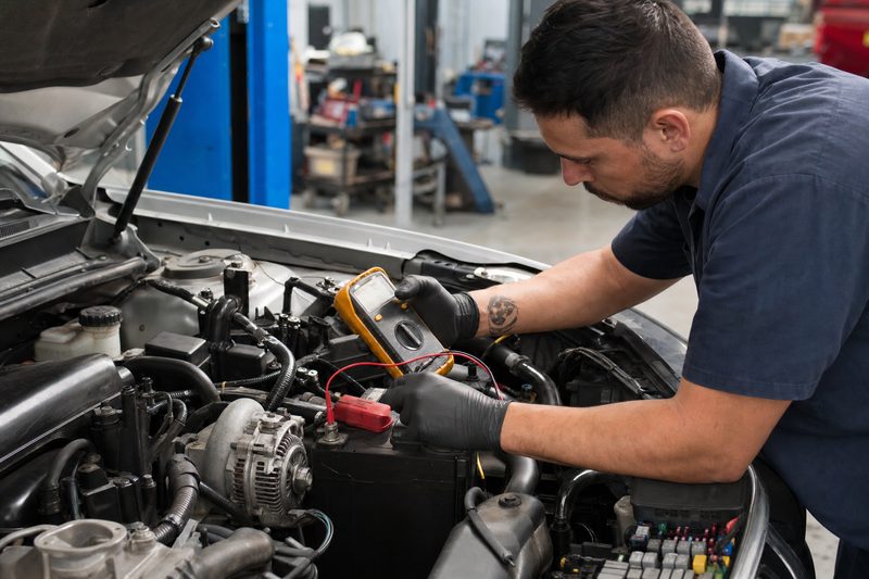 Technician testing the charging system with a multimeter